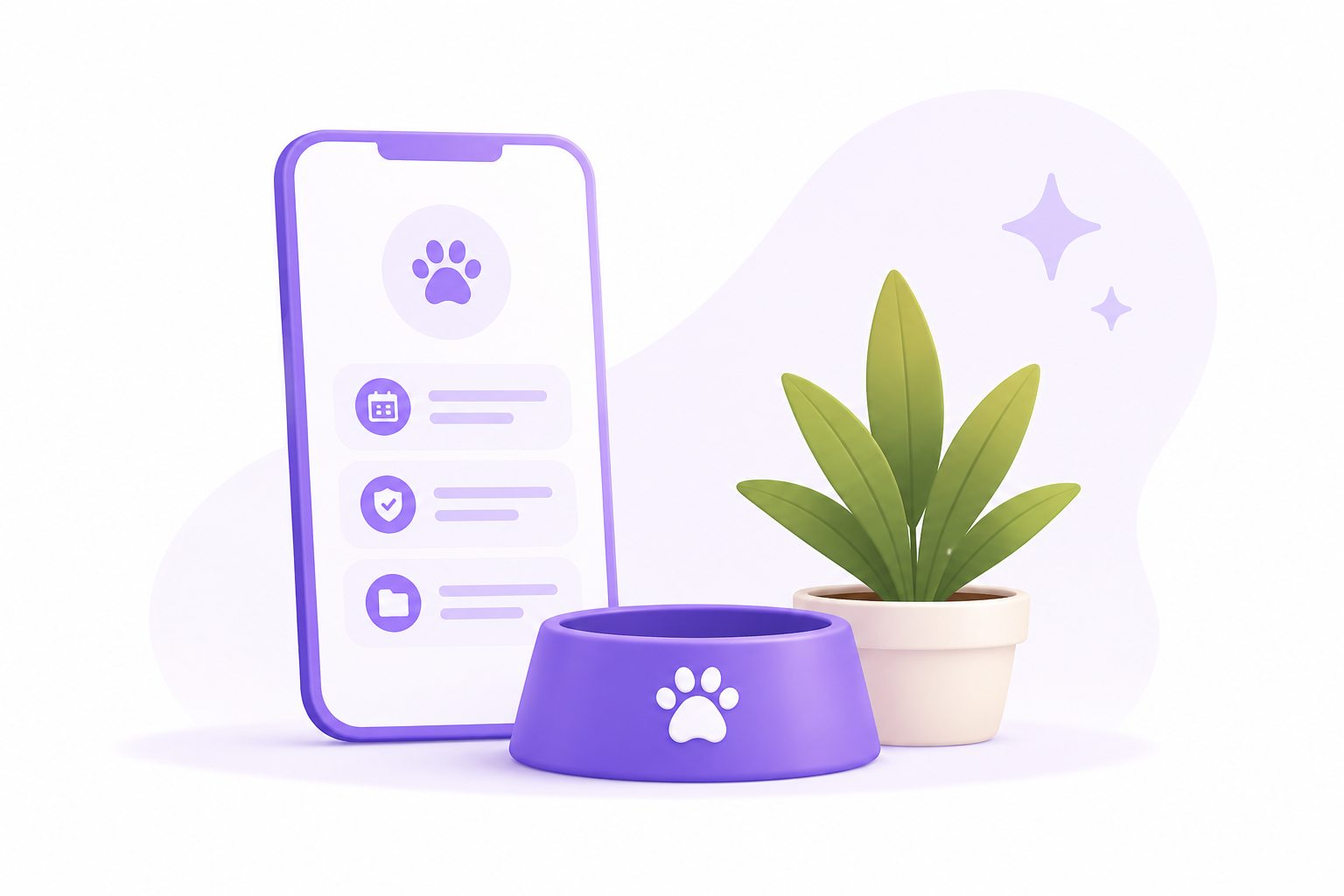 PetSense app illustration with phone, pet bowl and plant