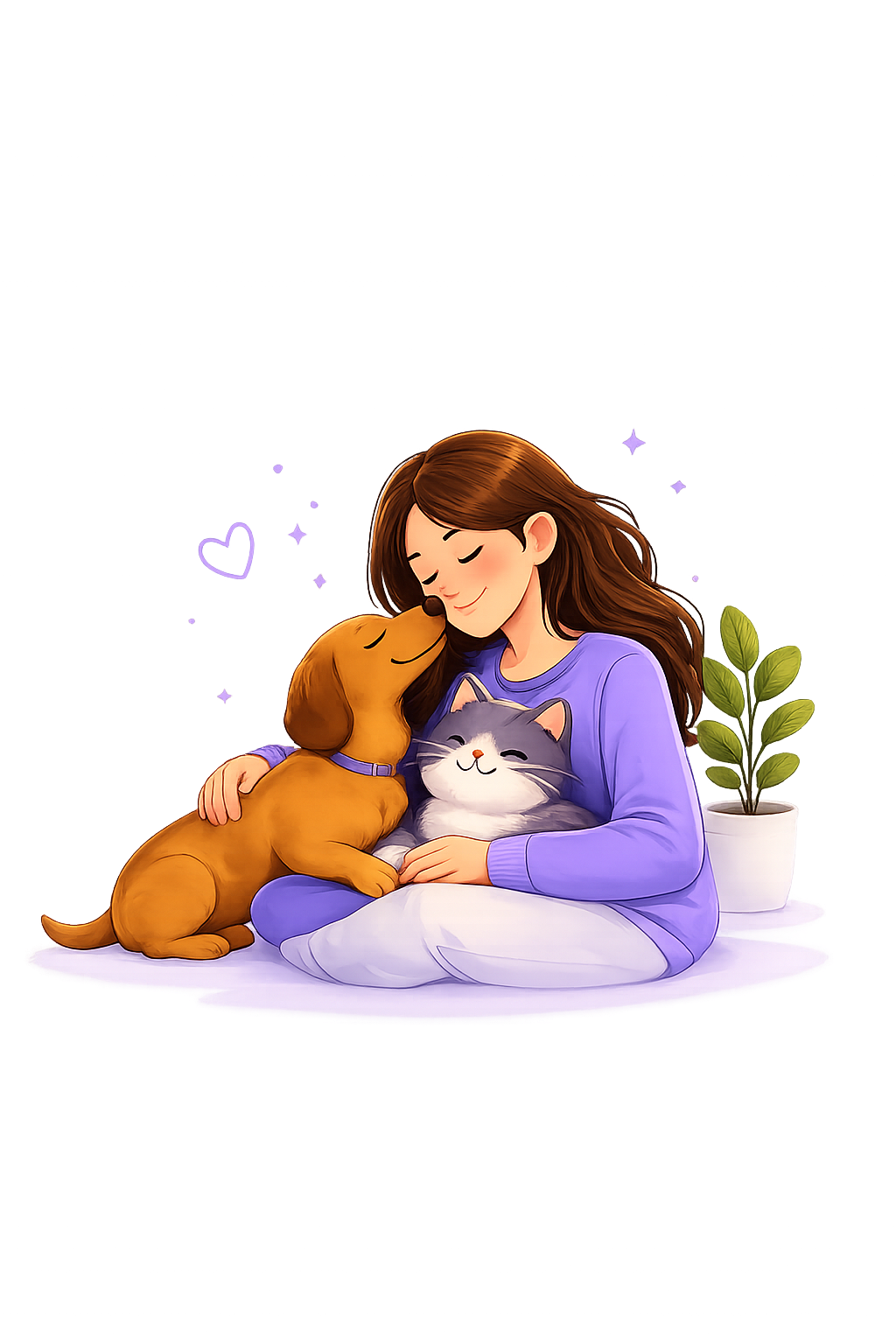 Illustration of a pet parent cuddling a dog and cat