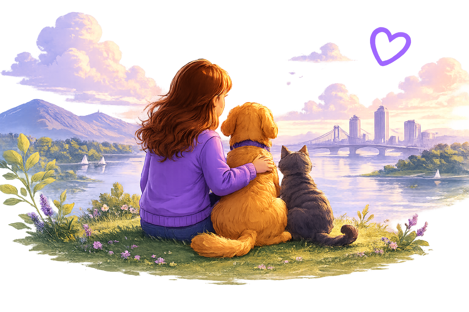 Pet owner with dog and cat looking over a calm city landscape