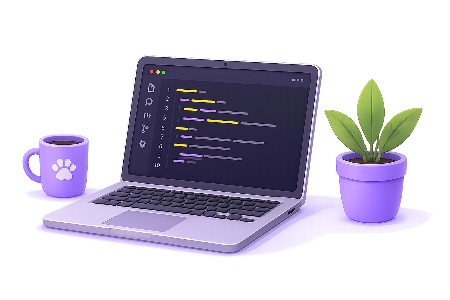 Laptop with code editor and purple plant