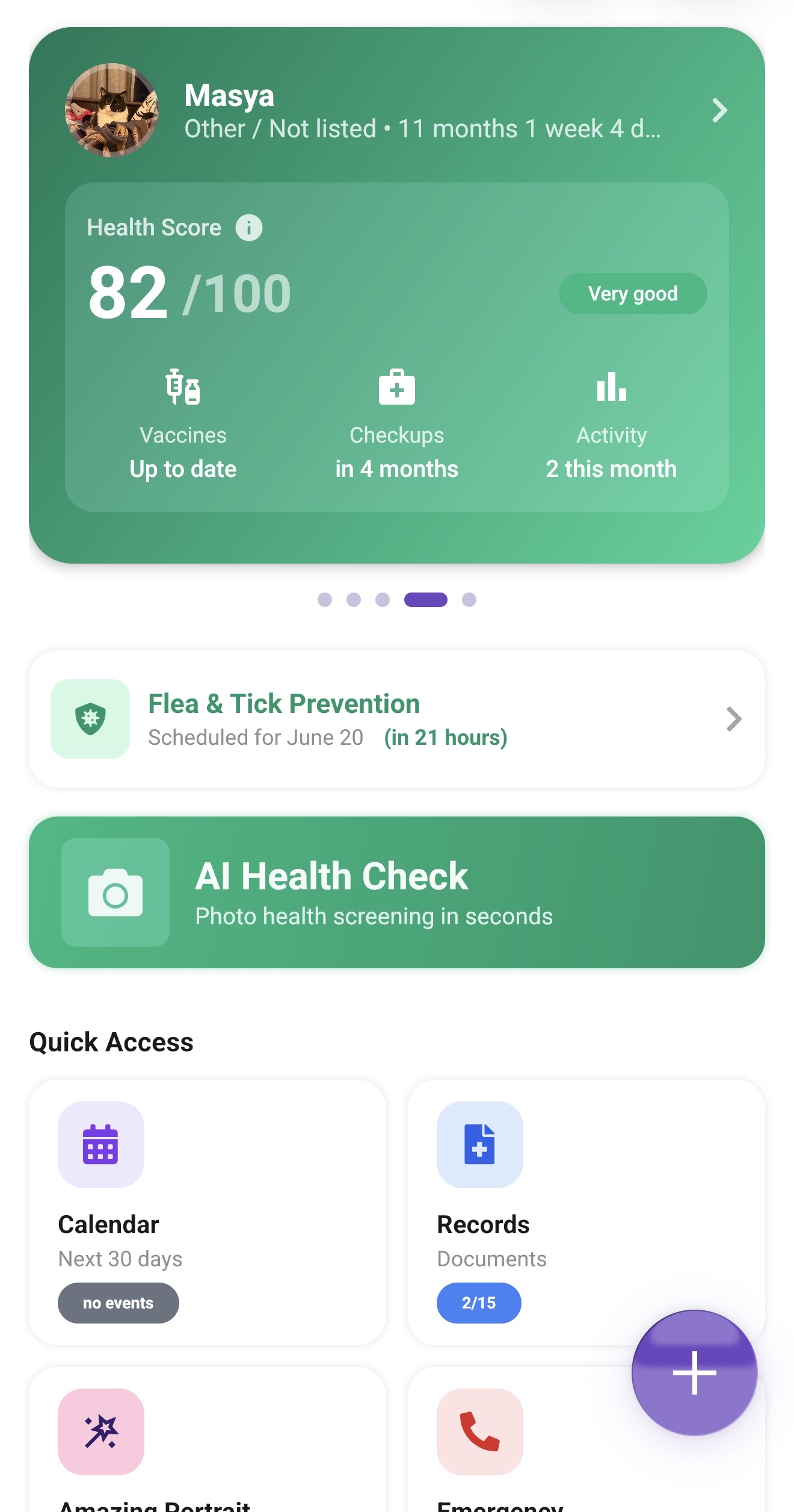 PetSense dashboard with the + button visible in the bottom-right corner