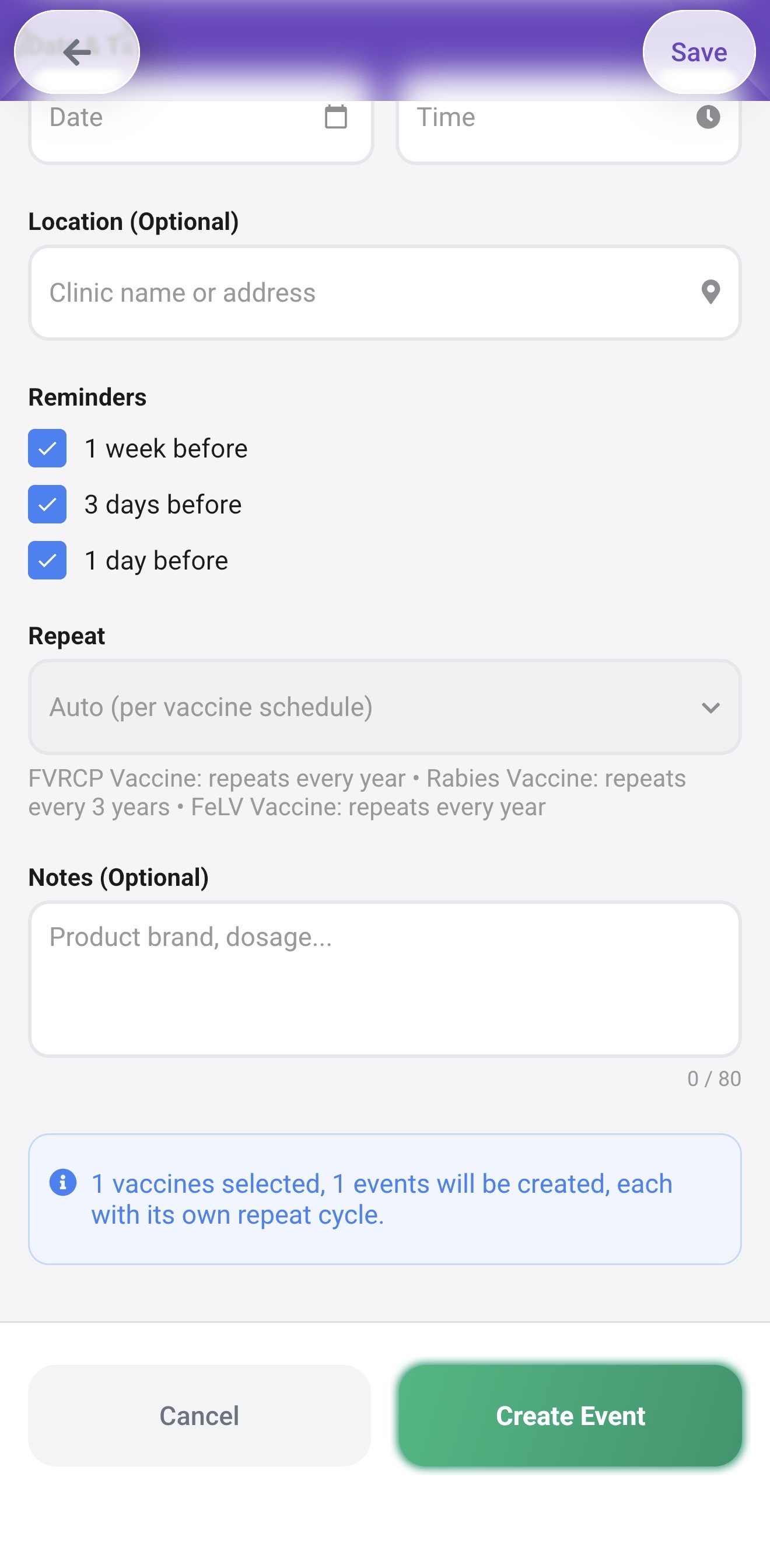 Form bottom showing reminders, repeat schedule and Create Event button