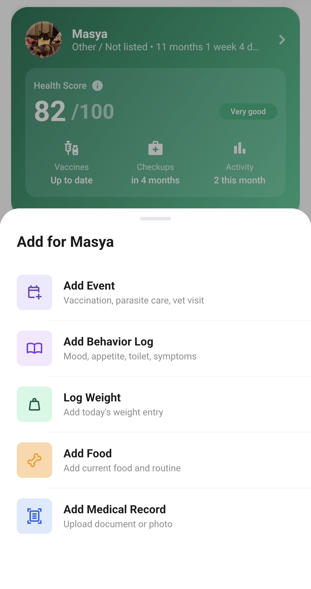 PetSense bottom sheet showing Add Event option