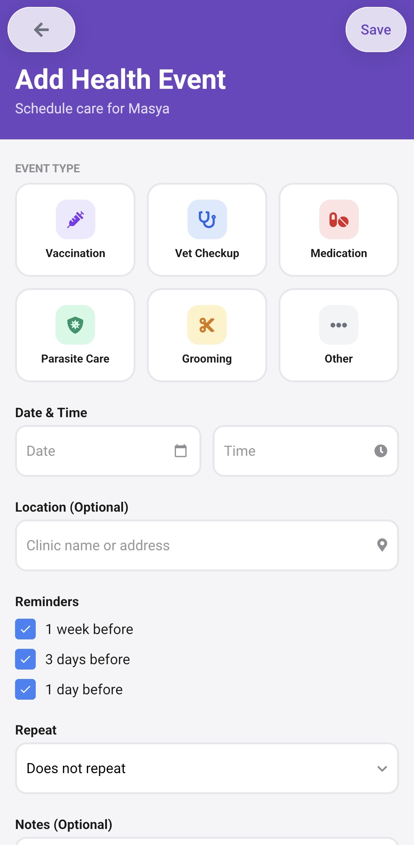 Add Health Event screen with Vaccination selected