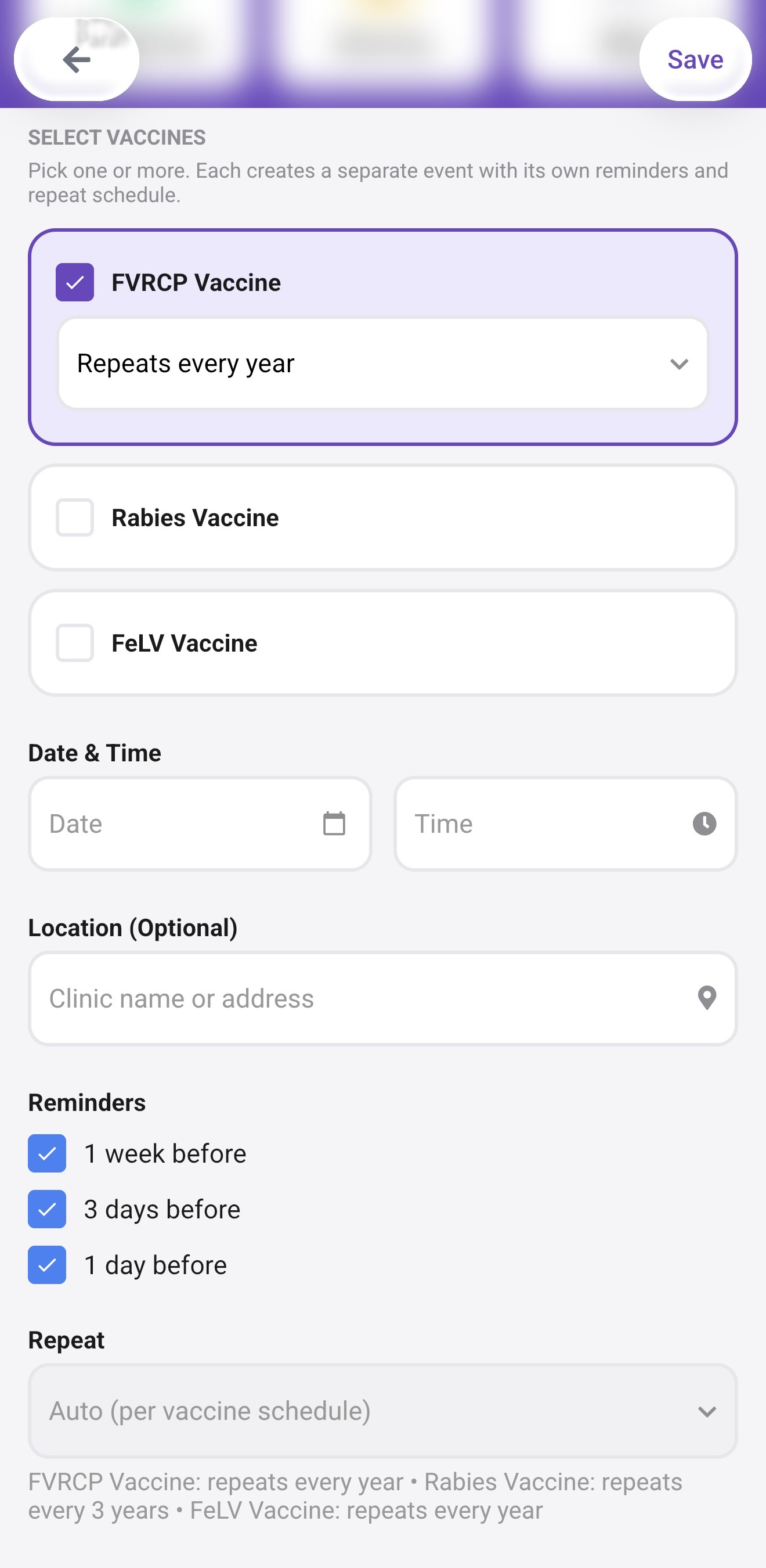 Vaccine selection screen showing FVRCP checked with repeat schedule